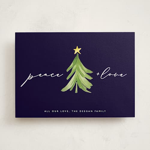 This is a navy non photo holiday cards with standard by Erin Deegan called simple tree printing on signature in standard