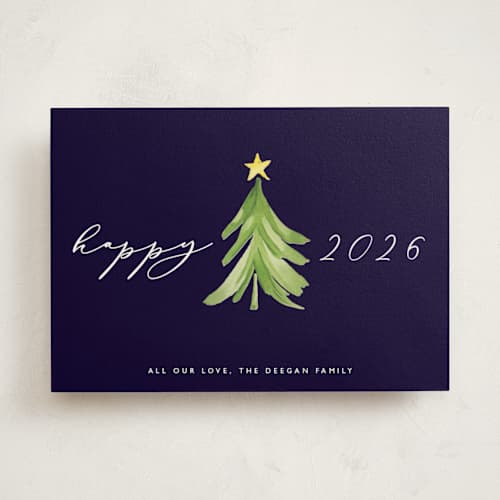 This is a navy non photo holiday cards with standard by Erin Deegan called simple tree printing on signature in standard
