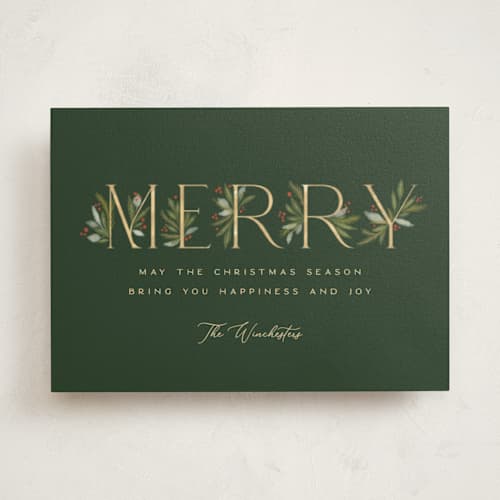 This is a pine non photo holiday cards with standard by Paula Pecevich called botanical merry printing on signature in standard