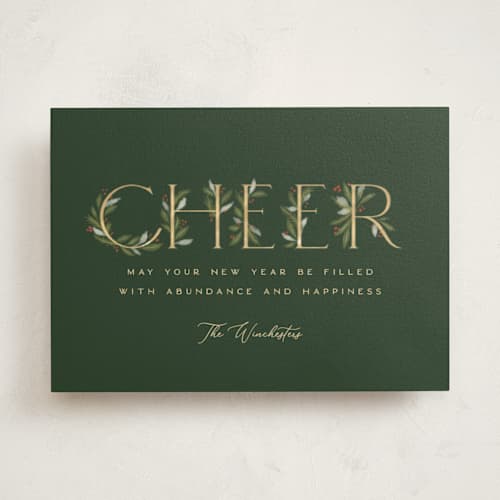 This is a pine non photo holiday cards with standard by Paula Pecevich called botanical merry printing on signature in standard