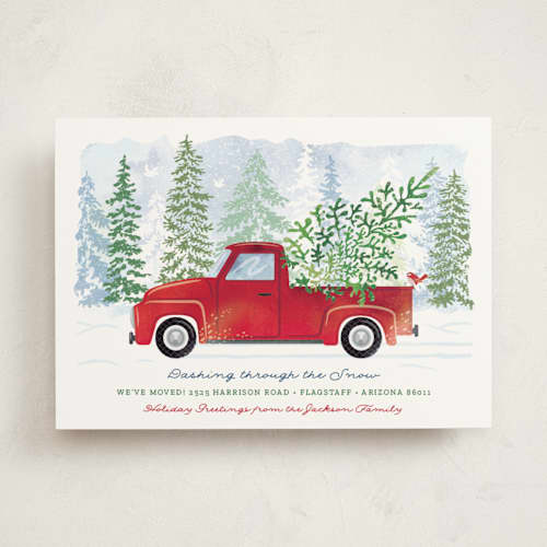 This is a cranberry non photo holiday cards with standard by Paper Sun Studio called dashing through the snow printing on signature in standard
