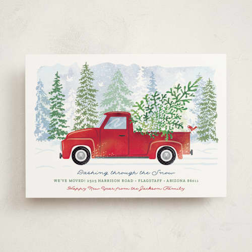 This is a cranberry non photo holiday cards with standard by Paper Sun Studio called dashing through the snow printing on signature in standard