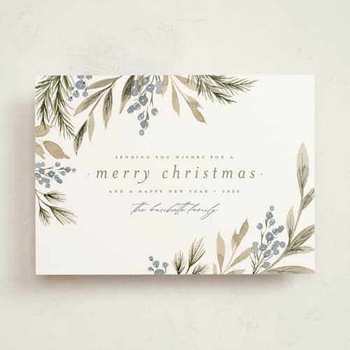 This is a juniper non photo holiday cards with standard by Wildfield Paper Co called holly + cedar printing on signature in standard
