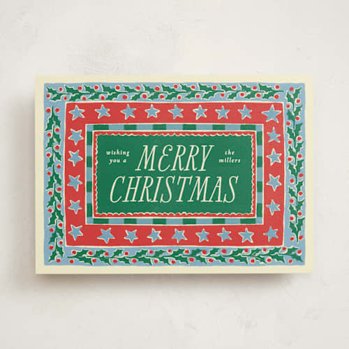 This is a pine non photo holiday cards with standard by Pati Cascino called hollis printing on signature in standard