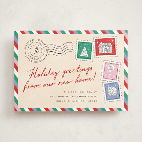 This is a ornament non photo holiday cards with standard by Pixel and Hank called new holiday home printing on signature in standard