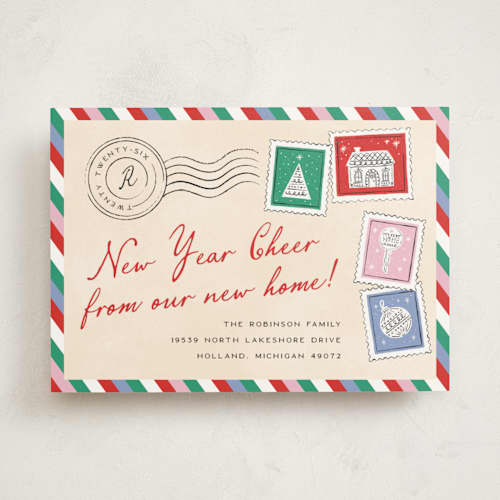 This is a ornament non photo holiday cards with standard by Pixel and Hank called new holiday home printing on signature in standard