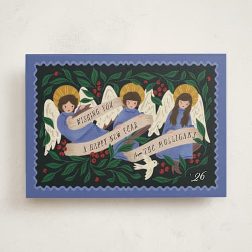 This is a cobalt non photo holiday cards with standard by Grae called angels sing printing on signature in standard
