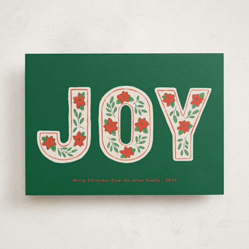 This is a evergreen non photo holiday cards with standard by Kelly Williams called poinsettia joy printing on signature in standard