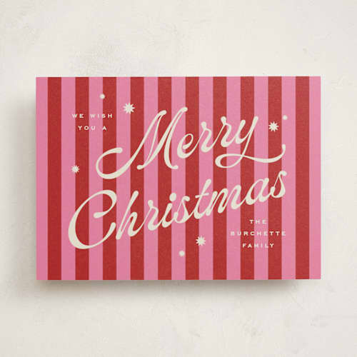 This is a ribbon candy non photo holiday cards with standard by Wildfield Paper Co called retro candy stripe printing on signature in standard