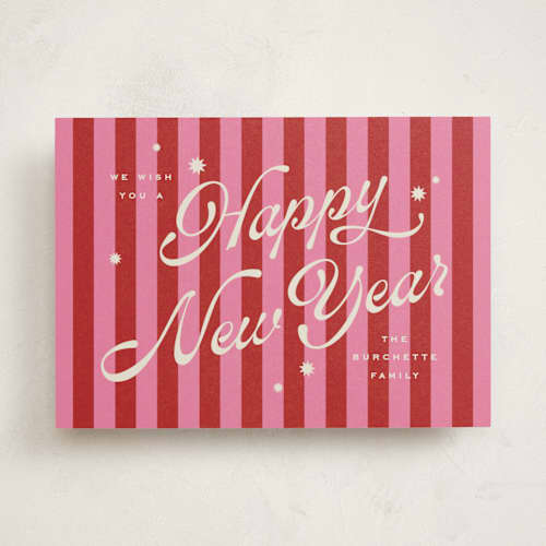This is a ribbon candy non photo holiday cards with standard by Wildfield Paper Co called retro candy stripe printing on signature in standard