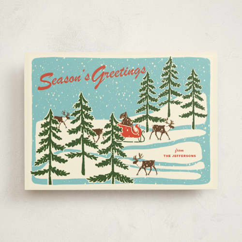 This is a sleigh ride non photo holiday cards with standard by Lauren Jinhee called vintage north pole printing on signature in standard