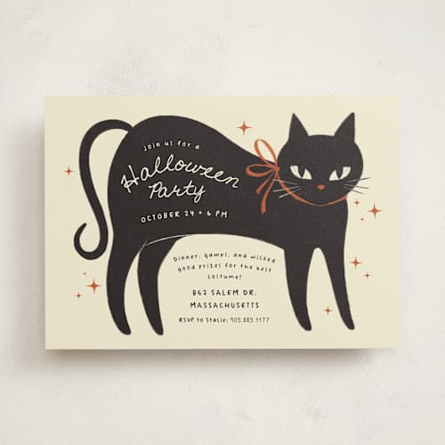 This is a cream holiday party invitations with standard by Kiersten Garner called black cats printing on signature in standard
