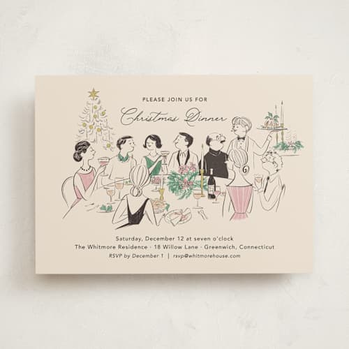 This is a ivory holiday party invitations with standard by Sabrin Deirani called the merry table printing on signature in standard