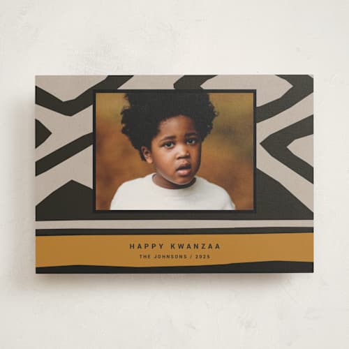 This is a ochre kwanzaa cards with standard by Sumak Studio called bold pattern printing on signature in standard