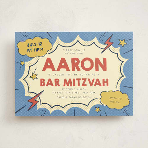 This is a comic pop bar mitzvah bat mitzvah invitations with standard by Vera Lim called pop art printing on signature in standard