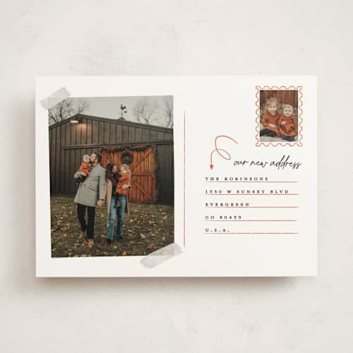 This is a cinnamon moving announcements with standard by Gwen Bedat called return address printing on signature in standard