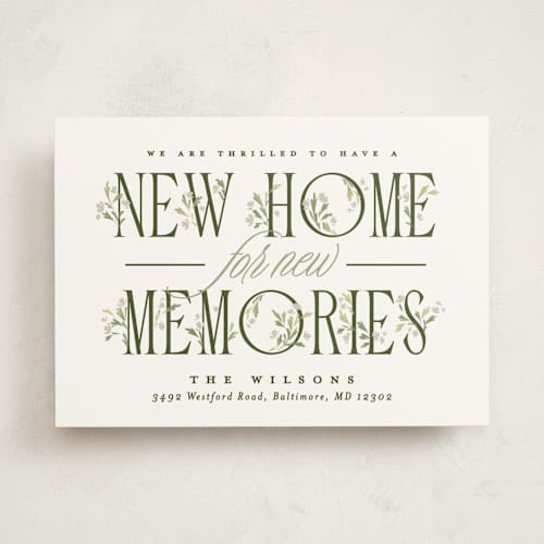 This is a greenery moving announcements with standard by Erin L. Wilson called hearth printing on signature in standard