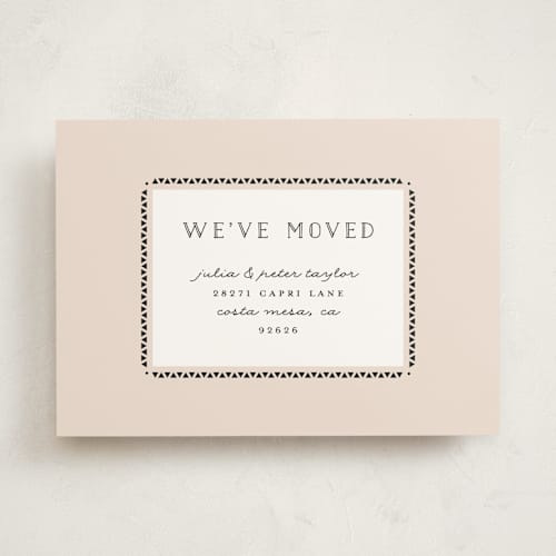 This is a blush moving announcements with standard by Monica Schafer called modern border printing on signature in standard