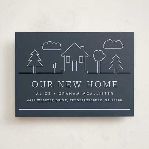 This is a denim moving announcements with standard by Carly Reed Walker called suburban landscape printing on signature in standard