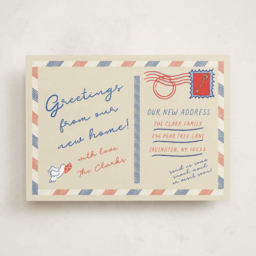 This is a ivory moving announcements with standard by Sarah Rosenthal called new destination post printing on signature in standard