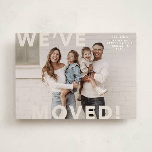 This is a ivory moving announcements with standard by Angela Thompson called bold move printing on signature in standard