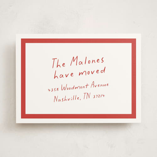 This is a cherry moving announcements with standard by Sara Hicks Malone called bold border printing on signature in standard