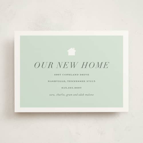 This is a mint moving announcements with standard by Sara Hicks Malone called house and home printing on signature in standard