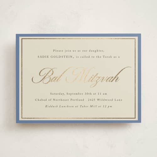 This is a cerulean bar mitzvah bat mitzvah invitations with foil pressed by Morgan Kendall called formal elegance printing on signature in standard