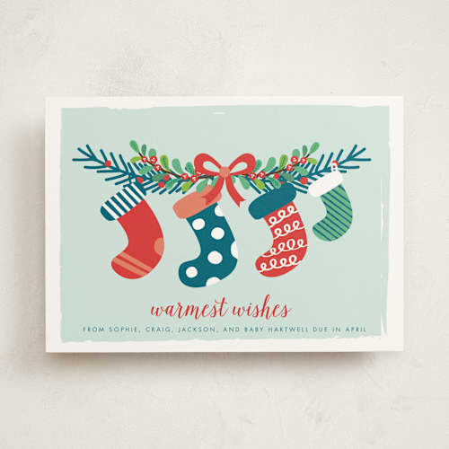 This is a frost pregnancy announcements with standard by Shirley Lin Schneider called holiday stockings printing on signature in standard