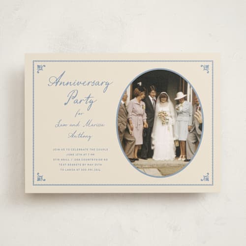 This is a dusty blue party invitations with standard by Stacey Meacham called timeless love printing on signature in standard