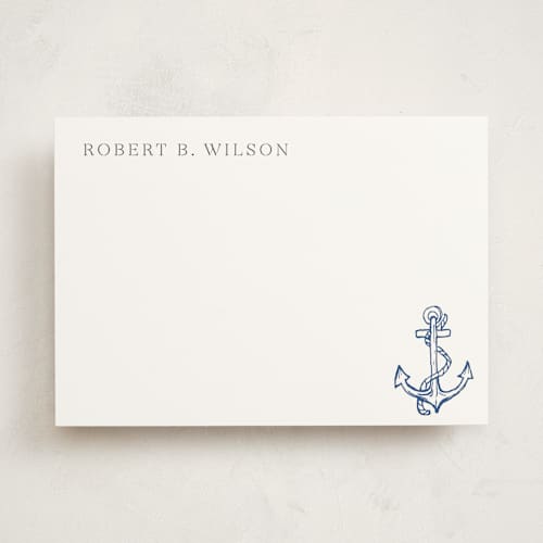 This is a navy personalized stationery thank you cards with standard by Cass Loh called anchor printing on signature in 5x7