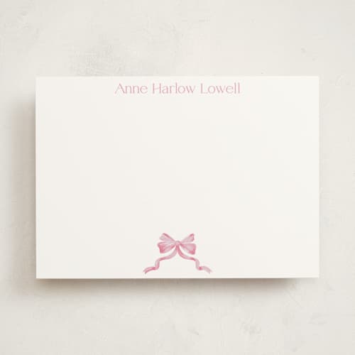 This is a blush personalized stationery thank you cards with standard by Pink House Press called bow printing on signature in 5x7