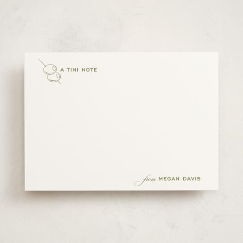 This is a olive personalized stationery thank you cards with standard by Megan Davis called dirty martini printing on signature in 5x7