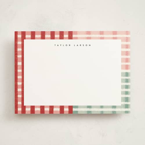 This is a poinsettia personalized stationery thank you cards with standard by Emily Sabol Goss called drawn plaid printing on signature in 5x7