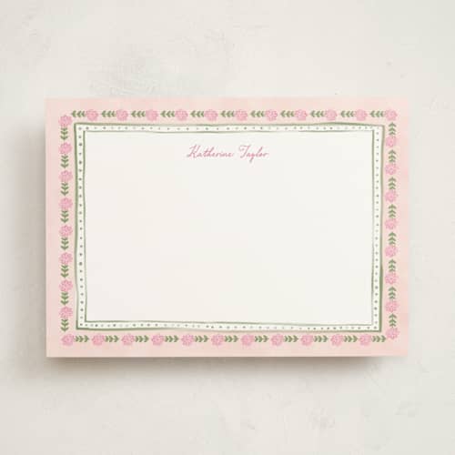 This is a blush personalized stationery thank you cards with standard by Creo Study called botanical border printing on signature in 5x7