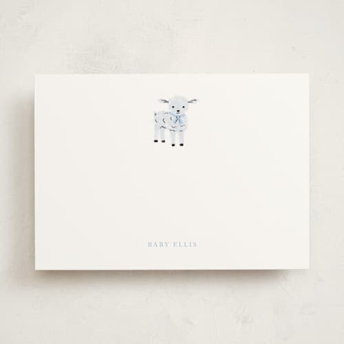 This is a pale blue personalized stationery thank you cards with standard by mo kelley called lil' lamb printing on signature in 5x7