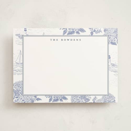This is a periwinkle personalized stationery thank you cards with standard by Jenna Holcomb called coastal toile printing on signature in 5x7