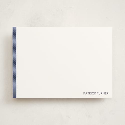 This is a navy personalized stationery thank you cards with standard by Seth Caskey called herringbone printing on signature in 5x7