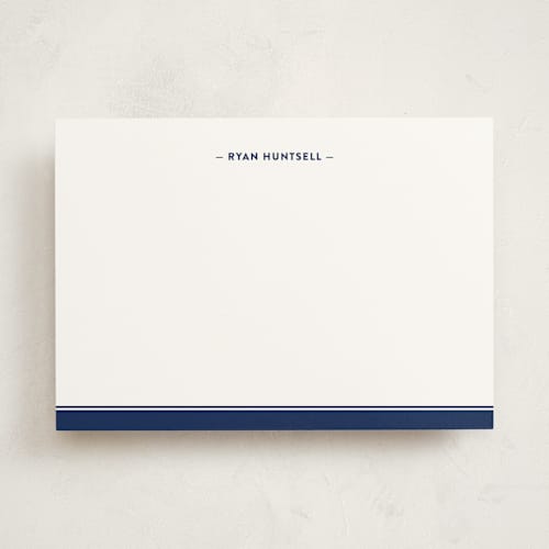 This is a navy personalized stationery thank you cards with standard by Ann Gardner called preppy stripe printing on signature in 5x7