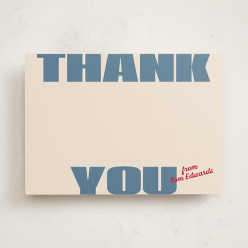 This is a denim personalized stationery thank you cards with standard by Claudia Orengo called retro bold printing on signature in 5x7