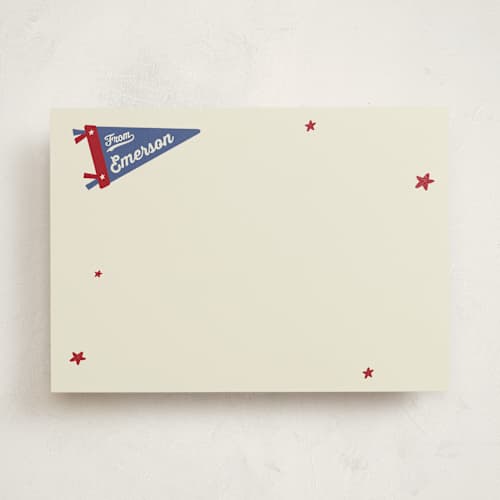 This is a americana personalized stationery thank you cards with standard by Rebecca Dymon called sports pennant printing on signature in 5x7