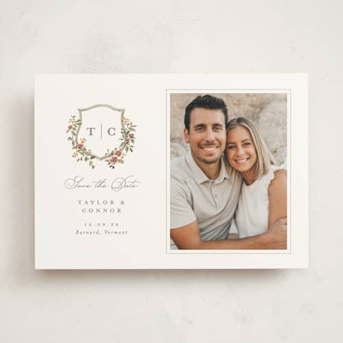 This is a mulberry save the date with standard by Everett Paper Goods called foliage crest printing on doublethick in photo_mount