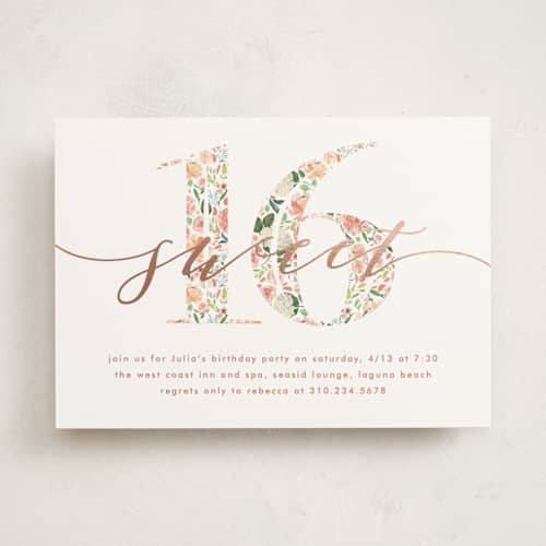 This is a peach sweet sixteen birthday party invitations with foil pressed by Becky Nimoy called floral filled 16 printing on signature in standard