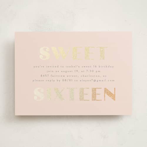 This is a blush sweet sixteen birthday party invitations with foil pressed by Angela Thompson called glittery printing on signature in standard