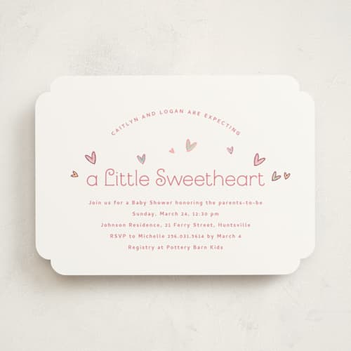 This is a candy foil stamped baby shower invitations with foil pressed by letterfix called little sweetheart printing on signature in standard