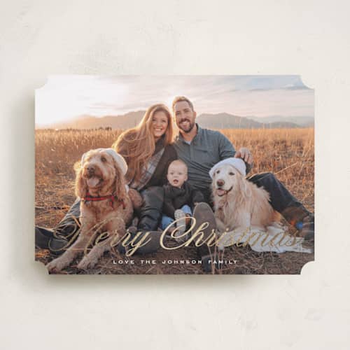 This is a snow foil pressed holiday cards with foil pressed by Rebecca Durflinger called christmas in script printing on recycled smooth signature in standard