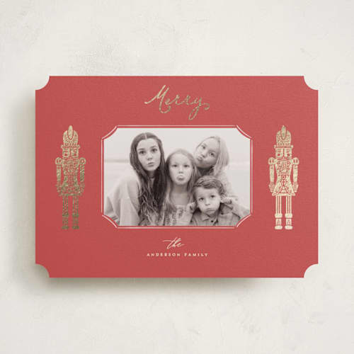 This is a holly berry foil pressed holiday cards with foil pressed by Anne Ciotola called golden nutcrackers printing on recycled smooth signature in standard