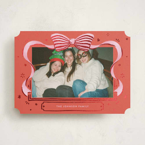 This is a stocking foil pressed holiday cards with foil pressed by Shannon Chen of Four Wet Feet Studio called a bow printing on recycled smooth signature in standard