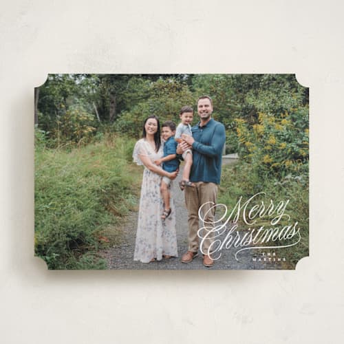 This is a snow holiday photo cards with standard by Kelly Schmidt called scripted corner printing on recycled smooth signature in standard