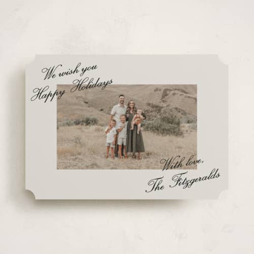 This is a coal holiday photo cards with standard by Jackie Crawford called holiday scripted corners printing on recycled smooth signature in standard